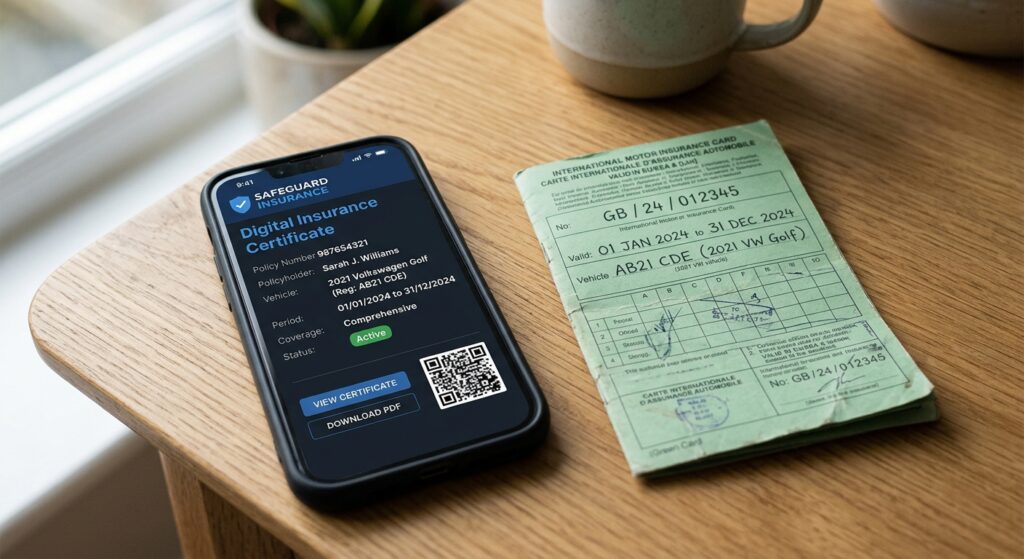 Smartphone affichant une attestation d'assurance numérique à côté d'une ancienne carte verte papier