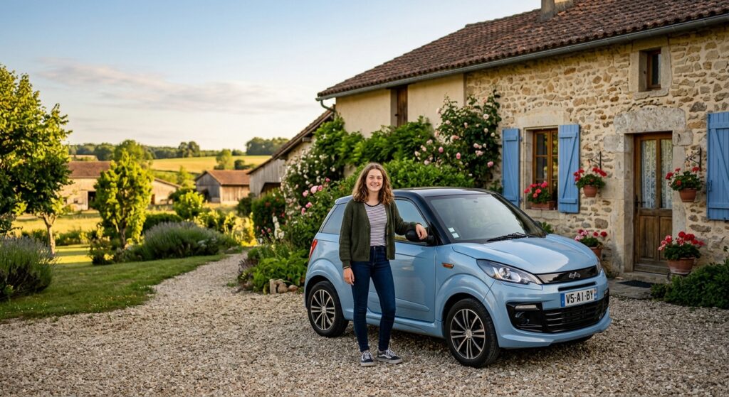 Adolescent à côté d'une voiture sans permis devant une maison en zone rurale