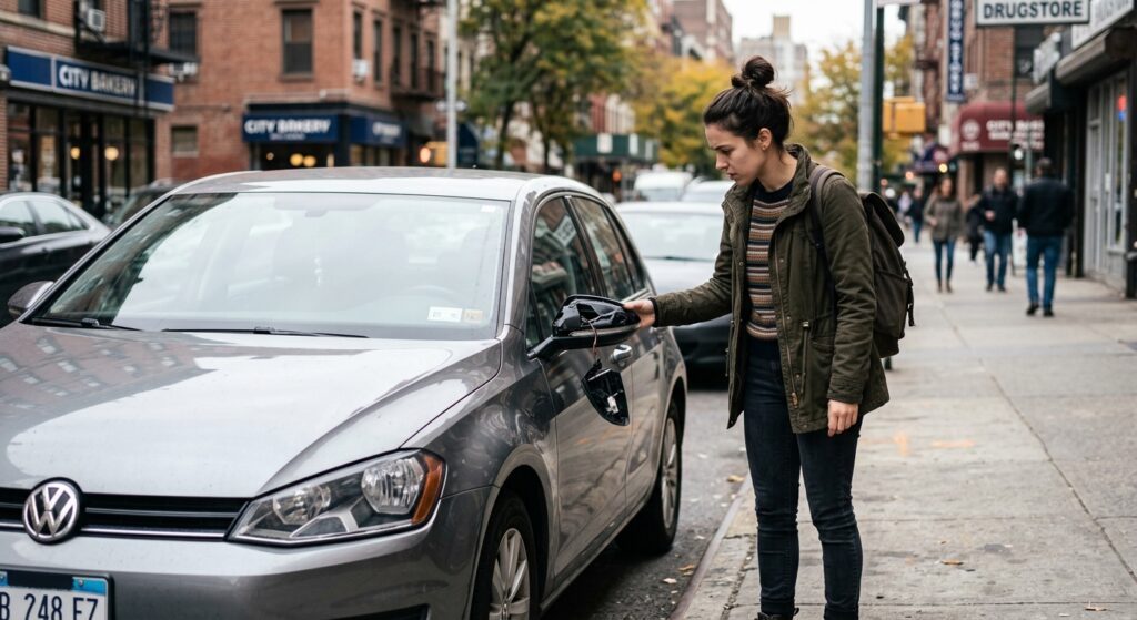 Personne regardant un retroviseur de voiture endommage apres un accrochage