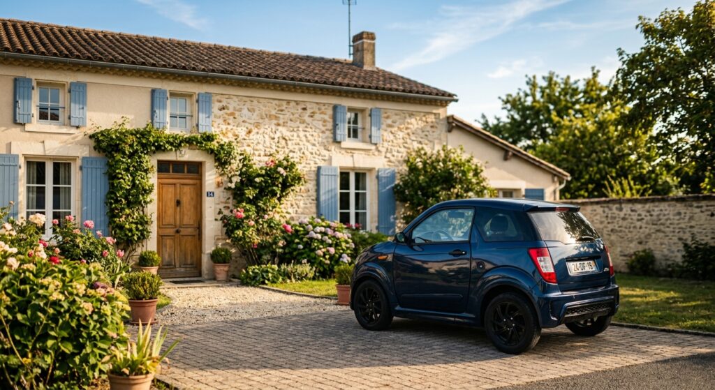Voiturette sans permis devant une maison - assurance en ligne
