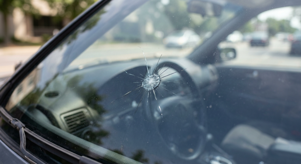Impact de caillou sur un pare-brise de voiture, fissure en etoile