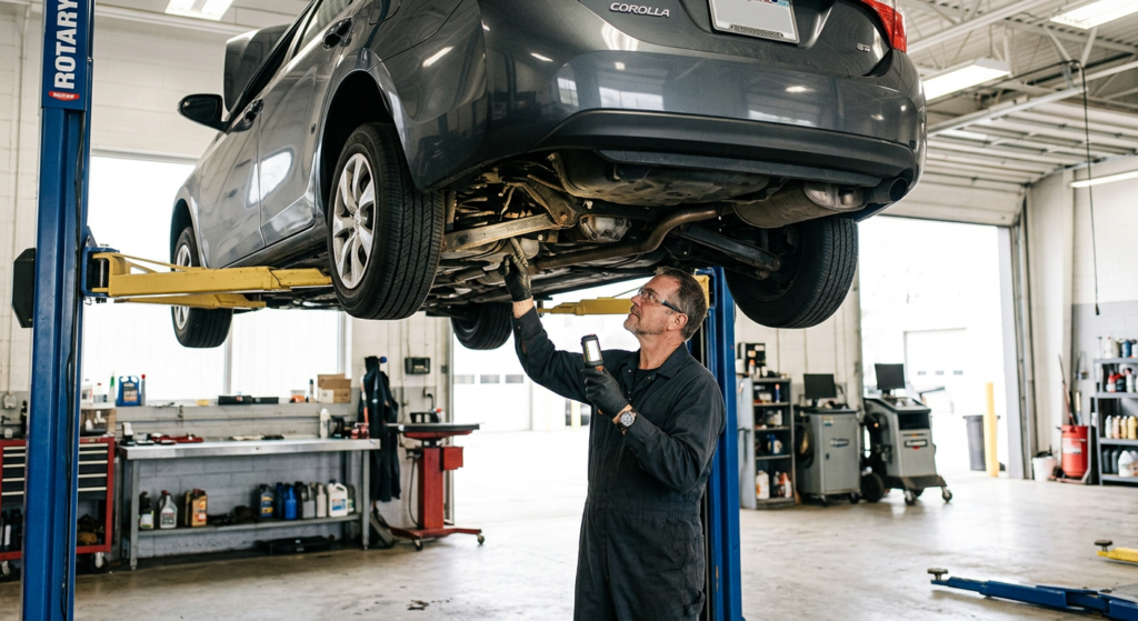 Voiture sur un pont elevateur au garage, controle technique en cours